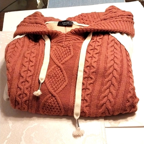 Vici Benjamin Hoodie Sweater Cable Knit Sweatshirt Sz Small Brown Beige Pocketed - Picture 7 of 10